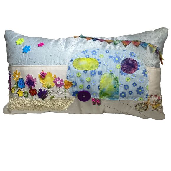 VTG Camping Throw Pillow Hand Made Seasons Fall Spring Reversible Quilted Embell - Picture 3 of 16